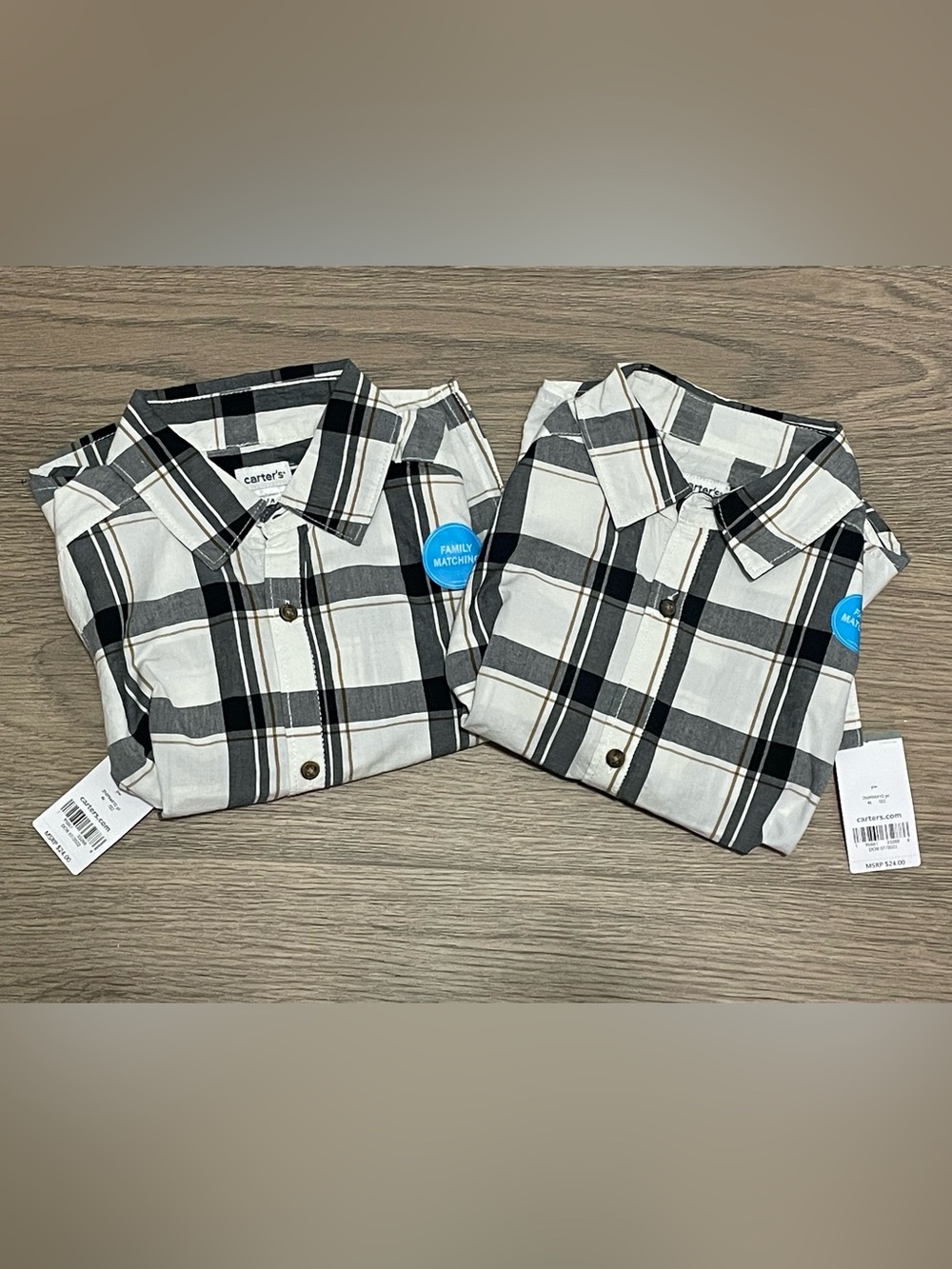 Carter's Size 4T TWIN Matching Black, White & Gray Plaid Button-Down Shirt